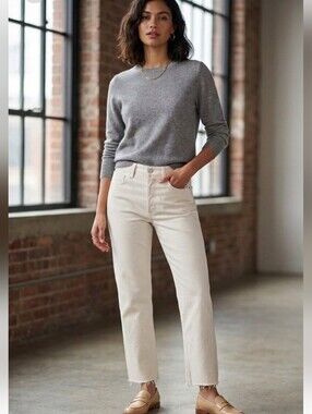 Frank & Eileen Monaghan Ankle Jean Cream Straight Leg Raw Hem Button Fly 26
